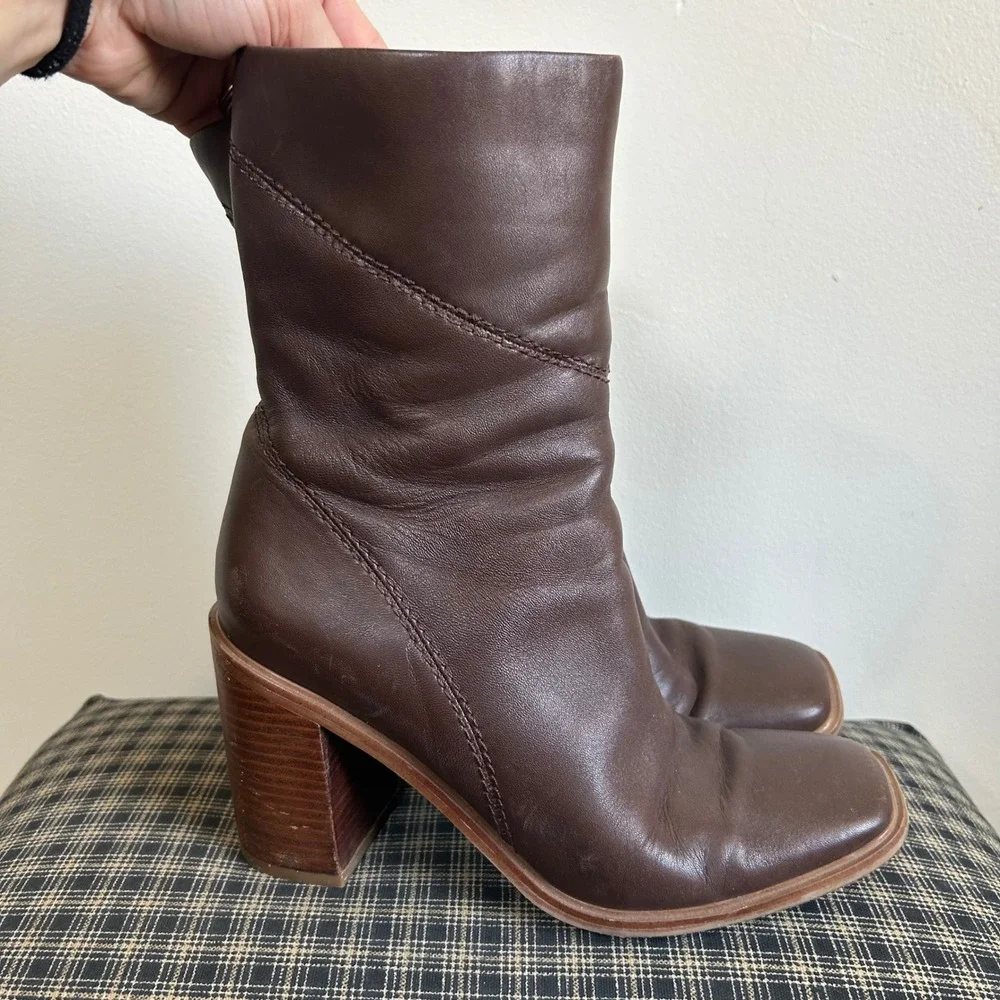 GUC Franco Sarto Leather Ankle Boots Size 8.5 Brown Square Toe Block Heel - Picture 2 of 6